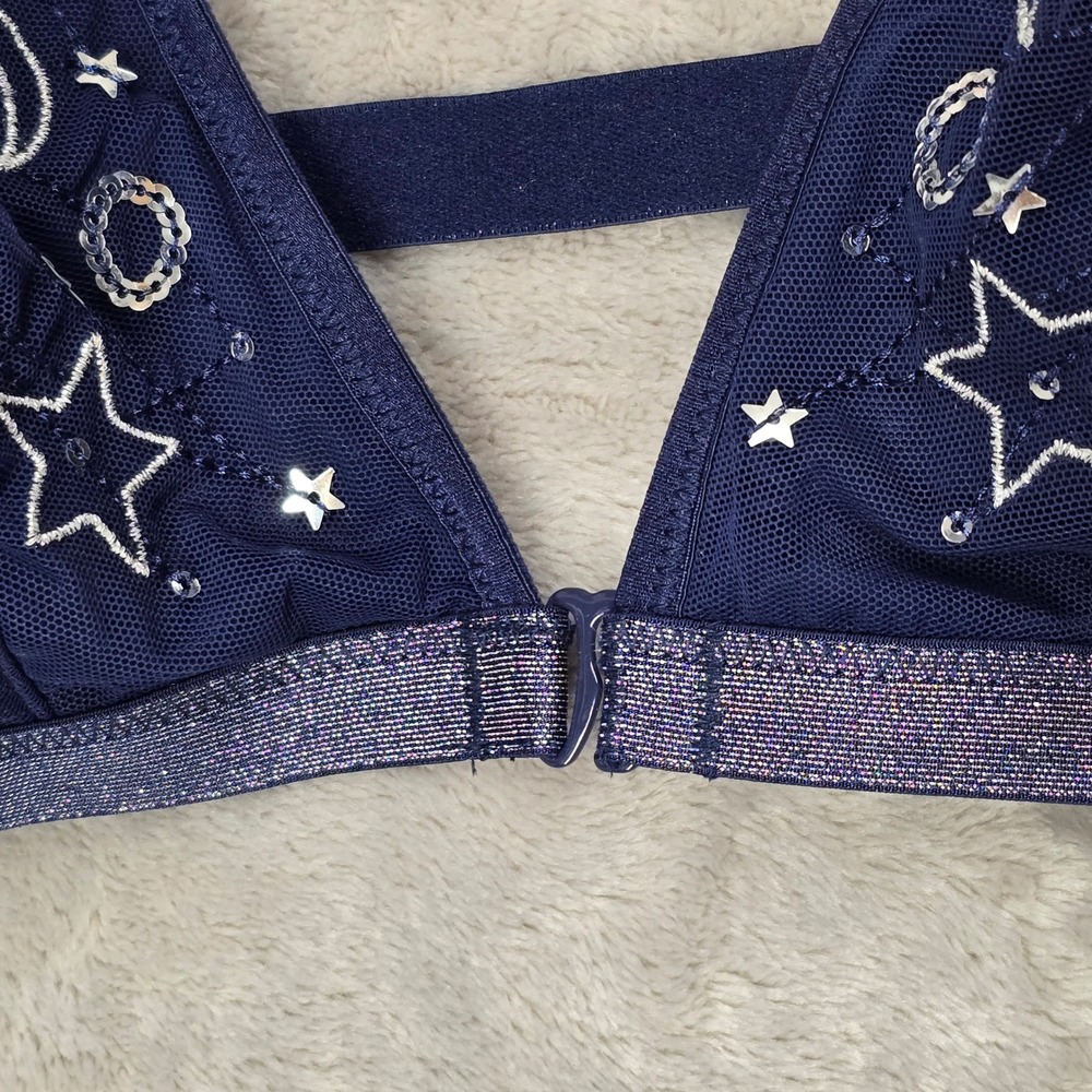 Victorias Secret Bralette Women L Navy Celestial Moon Star Sequin Galaxy Emo Y2K - Picture 6 of 10
